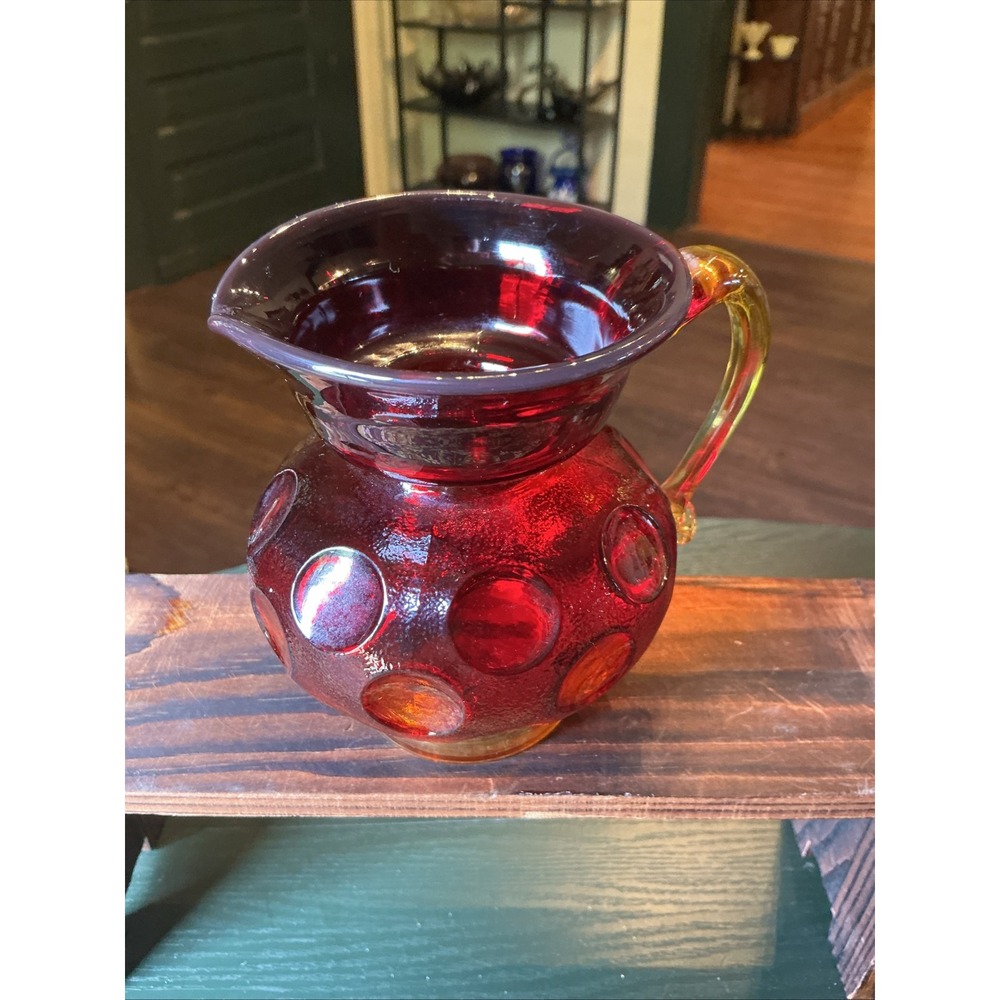 Vintage MCM  4.5" Red Amberina Glass Pitcher Thumbprint Coin Dot Retro